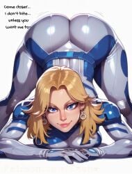 ai_generated all_fours bent_over big_ass big_breasts big_butt big_thighs blonde_hair blue_bodysuit blue_eyes blush bodysuit comic commentary english_text ezuna huge_ass huge_breasts huge_butt huge_thighs invisible_woman invisible_woman_(marvel_rivals) marvel_comics marvel_rivals sue_storm text wanuze wide_hips