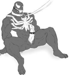 1boy abs alien claws cock_ring collar erection fangs feet klyntar leash male male_focus male_only marvel monochrome nude orgasm original_character paws penis saberhorn_(artist) sketch smooth_skin solo spider-man_(series) symbiote teeth thick_thighs venom_(marvel)