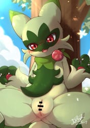 2026 3_fingers anthro censor_bar censored censored_genitalia censored_vulva cute_fangs fangs feith-zr female fingers floragato fur generation_9_pokemon genitals green_body green_ears green_fur green_tail hi_res nintendo open_mouth pawpads paws pink_eyes pink_nose pokemon pokemon_(species) solo tail teeth vulva
