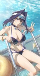 1girl 1girls :d absurd_res armpits artist_request bikini black_bikini blue_eyes bow bow_earrings bracelet breasts choker cleavage drink earrings fanged_bangs female female_focus gold_bracelet grin hair_flaps hair_intakes halterneck highleg highleg_bikini highres hololive hololive_english long_hair medium_breasts navel ouro_kronii pendant_choker pool side-tie_bikini_bottom sitting smile soaking_feet solo solo_female stomach string_bikini swimsuit v virtual_youtuber visor_cap