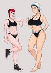 big_breasts bra breasts hairy_pussy hellonearthiii katya_(hellonearthiii) red_hair shorts shoshanna_(hellonearthiii) small_breasts sports_bra sports_shorts