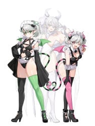 3girls ;) ariane_the_labrynth_servant arianna_the_labrynth_servant black_bra black_corset black_footwear black_gloves black_panties bra breasts cleavage corset demon_girl demon_horns demon_tail demon_wings duel_monster female full_body gloves green_eyes green_wings grey_hair hi_res high_ponytail horns konami labrynth_of_the_silver_castle large_breasts leotard lovely_labrynth_of_the_silver_castle maid maid_headdress medium_breasts multiple_girls navel one_eye_closed panties pink_eyes pink_thighhighs pink_wings pointy_ears ponytail standing stomach_cutout striped_tail tail twin_drills twintails two-tone_tail underwear white_gloves white_leotard wide_sleeves wings yu-gi-oh!