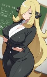 1girl big_breasts black_jacket black_pants black_suit blonde_hair breasts chalkboard cleavage collared_shirt commentary_request crossed_arms cynthia_(pokemon) game_freak grey_eyes hair_ornament hair_over_one_eye jacket long_hair long_sleeves looking_at_viewer medium_breasts mituyota_76 nintendo pants pokemon pokemon_diamond/pearl/platinum pokemon_dppt shirt smile solo suit thighs translation_request white_shirt wide_hips