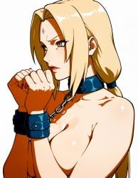 1girls ai_generated blonde_hair brown_eyes collar lipstick naruto naruto_(series) red_lipstick restrained restrained_arms solo solo_focus tagme wrists_bound wrists_tied wrists_tied_together