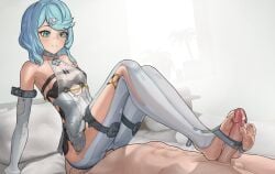 1boy 1girl abs absurdres aqua_eyes aqua_hair bedroom blush breasts closed_mouth commentary cum cum_on_body cum_on_feet elbow_gloves english_commentary faceless faceless_male feet flower_ornament footjob footjob_with_legwear girl_on_top gloves hair_ornament highres large_penis long_hair looking_at_penis mole mole_on_shoulder nipples on_bed orgasm penis raziel_(artist) see-through_clothes seed_(zenless_zone_zero) sitting sitting_on_face skin_tight small_breasts smile soles stirrup_legwear swept_bangs testicles toeless_legwear toes under-stirrup_footjob white_gloves zenless_zone_zero