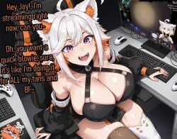 1girl ai_generated animal_ears black_harness blush cat_ears choker cleavage collar computer crop_top curvy_figure dialogue dirty_talk english_text fang from_above gaming_chair garter_straps harness implied_fellatio implied_oral keyboard large_breasts lewd looking_at_viewer monitor mouse oily_skin open_mouth pov purple_eyes shiny_skin smile solo streaked_hair streaming suggestive sweat text_on_image thick_thighs thighhighs virtual_youtuber white_hair