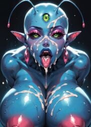 3_eyes ai_generated alien_girl antennae athletic bald_female big_breasts big_lips black_sclera blue_skin blue_skinned_female close-up close_up_view cum cum_in_mouth cum_on_breasts cum_on_face curvy dark_background dripping_cum drooling_cum earrings female female_only glistening_body green_eyes high_quality la'zooli_la'pys looking_at_viewer moonchild41 nude open_mouth original_character pink_nipples pointy_ears sweat tongue_out
