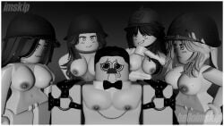 16:9 1boy 4girls absurd_res absurdres bdsm black_and_white black_hair blonde_hair blue_eyes bondage breasts breasts_out brown_hair female_pubic_hair femdom green_eyes helmet highres imskip_(artist) large_breasts looking_at_partner monochrome navel nipples nude nude_female nude_male original pubic_hair pussy roblox robloxian tagme ww2