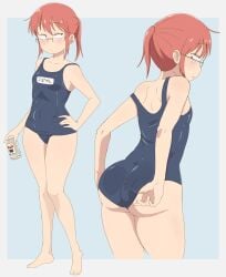 1girls adjusting_clothes ass ass_shot back_view barefoot beer beer_can big_ass blue_swimsuit breasts brown_eyes close-up drink eyewear feet female female_only full_body glasses hair hand_on_hip hips holding_drink holding_object kobayashi kobayashi-san_chi_no_maidragon kobou31 legs looking_back miss_kobayashi's_dragon_maid one-piece_swimsuit red_hair small_breasts solo solo_female swimsuit swimwear thighs tied_hair
