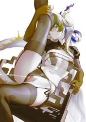 1girl 1girls arknights covered_nipples female highres holding_own_leg horns iumu leg_up looking_at_viewer multicolored_hair navel nipples pissing pussy see-through shu_(arknights) simple_background sitting small_breasts solo_focus stomach tail thighhighs uncensored urination urine white_background