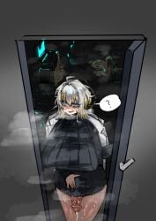 1futa ? big_breasts blue_eyes blush bottomless cat_nip cum futanari kromer_(limbus_company) limbus_company looking_at_viewer nosebleed partially_clothed penis presenting project_moon short_hair smile sweat sweater thick_thighs white_hair yellow_hair
