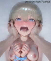 1boy 1girl 1girls ai_generated arms_up artist_name bdsm black_hair blonde_hair blue_eyes blue_ribbon blush bondage bound bound_arms bound_wrists breasts collarbone completely_nude crying crying_with_eyes_open drooling fahreit fangs grey_background grey_hair hair_between_eyes hands_on_another's_cheeks hands_on_another's_face hands_on_another's_head hands_up hetero looking_at_viewer medium_breasts nipples nose_blush nude open_mouth oral_invitation out_of_frame patreon patreon_username pov pov_hands restrained ribbon rope saliva saliva_trail shiny_skin short_hair simple_background small_breasts solo_focus stable_diffusion sweat sweating sweaty sweaty_body tearing_up tears teeth tongue tongue_out torogao upper_body upper_teeth_only uvula uzaki-chan_wa_asobitai! uzaki_hana