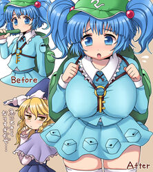 2girls alternate_breast_size backpack backsack before_and_after big_breasts black_skirt blue_eyes blue_hair blue_shirt blue_skirt breasts clothing cucumber female female_focus female_only frill frills green_backpack green_hat high_socks japanese_mythology japanese_text kappa key large_breasts long_sleeves marisa_kirisame nitori_kawashiro pocket pockets red_headwear skirt sweat sweatdrop sweating tan_background team_shanghai_alice touhou twintails white_shirt witch witch_hat yellow_eyes yellow_hair youkai