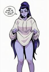1girl ai_generated alternate_costume alternate_hairstyle baggy_clothes bare_legs blush bottomless breasts casual clothes_lift clothing colored_skin drawstring english_text feet_out_of_frame female hair_down hair_pulled_back hood hood_down hoodie hoodie_lift lifted_by_self long_hair looking_at_viewer no_pants overwatch parted_lips ponytail purple_hair purple_lips purple_skin simple_background solo speech_bubble standing sweater thighs very_long_hair white_background white_hoodie widowmaker yellow_eyes