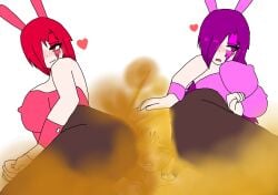 1boy 2girls ass big_breasts breasts bunny_ears face_in_ass facefart facesitting fart fart_fetish red_eyes red_hair violet_eyes violet_hair