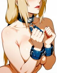 1girls ai_generated blonde_hair brown_eyes collar lipstick naruto naruto_(series) red_lipstick restrained restrained_arms solo solo_focus tagme wrists_bound wrists_tied wrists_tied_together
