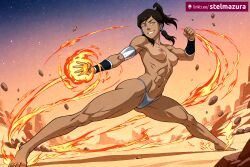 1girl abs ai_assisted ai_generated artist_name barefoot blue_eyes breasts brown_hair dark-skinned_female dark_skin fighting_stance fire full_body hair_tubes korra long_hair medium_breasts muscular muscular_female navel nipples panties patreon ponytail rock sky smile solo star_(sky) stelmazura the_legend_of_korra thighs toned topless underwear