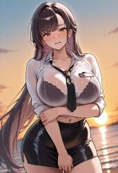 ai_generated beach bra breasts brown_hair embarrassed goddess_of_victory:_nikke marciana_(nikke) wet wet_body wet_clothes