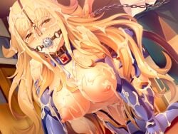 1boy 1girl all_fours animal_collar ball_gag bdsm blonde_hair blush bondage boots bound breasts bukkake chain collar cum cum_on_ass cum_on_body cum_on_breasts cum_on_clothes cum_on_hair dutch_angle elbow_gloves facial fingerless_gloves gag gagged game_asset gloves hetero holding holding_leash humiliation large_breasts leash linaria_fairhyde long_hair magical_girl mahou_shoujo_lucifer_ouka nipples nobushito non-web_source nose_hook official_art pet_play puffy_nipples saliva self-datamine slave solo_focus tears thigh_boots thighhighs torn_clothes variant_set very_long_hair viewer_holding_leash visual_novel_cg wiffle_gag yellow_eyes