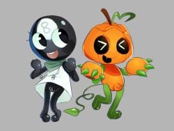 1girl1boy 2d chibi dandy's_world duo exposed_penis exposed_pussy gourdy_(dandy's_world) grey_background happy pumpkin_head pussy roblox small_penis toodles_(dandy's_world) tripndeath