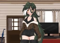 black_legwear blush blush_lines blushing blushing_at_viewer clothed clothing crop_top flushed flushed_face flustered flustered_female green_hair jacket jacket_open jean_shorts night_fox_works reptile_girl reptile_humanoid safe_for_work scales scalie scp scp-682 scp_foundation tank_top thick_thighs thigh_highs thighhighs visual_novel yellow_eyes