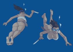 1girls ass big_breasts blue_eyes brown_hair feet female goggles goggles_around_neck kneeling knife original_character ponytail swimming thong underwear wrapped_breasts