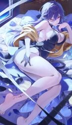 1girl 1girls absurd_res bare_legs bare_shoulders barefoot bed black_dress breasts cleavage dress feet female female_focus film_strip gloves hand_up highres legs long_hair looking_at_viewer lucilla_(wuthering_waves) lying medium_breasts mole mole_under_eye nail_polish netural on_bed on_side parted_lips pillow purple_eyes smile solo solo_female tacet_mark_(wuthering_waves) thighs toenails very_long wuthering_waves