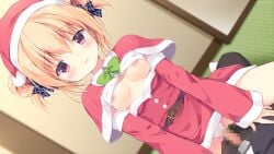 1boy 1girl belt blonde_hair blush bow bra bra_lift breasts breasts_out brown_belt capelet censored christmas clothed_sex clothes_lift cowgirl_position detached_sleeves double_bun dress dutch_angle fur_trim game_asset girl_on_top green_bow hair_bun hat hetero hoshigaoka_ciel indoors koi_ni_kanmi_o_soete looking_at_viewer miyasaka_miyu miyasaka_naco mosaic_censoring nipples panties penis plaid_bow purple_eyes santa_costume santa_hat sex short_hair small_breasts solo_focus straddling underwear vaginal white_bra white_panties