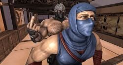 3d 3d_(artwork) ai_assisted angry big_arms big_pecs dasalove dead_or_alive dojo dominant gay green_eyes hairy hairy_chest hairy_male hi_res manly mask masked masked_male middle_finger muscular muscular_male ninja ninja_gaiden penetration render ryu_hayabusa sodomy sweat team_ninja yaoi