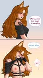 1girls belt bra_strap bra_strap_is_showing_(meme) breasts brown_eyes red_hair shirt shirt_lift wolf_ears wolf_girl