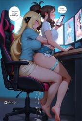 ai_assisted ai_generated chair chair_position chair_sex computer curvy cynthia_(pokemon) futa futa_focus futa_on_female futanari gamer_chair gamer_girl gamer_room hilda_(pokemon) penetration phone pokemon pokemon_sm sexy sexy_pose sitting_on_penis sitting_on_person table talking talking_on_phone waifu_judge