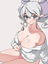 1girl :3 alternate_costume blush boobs breasts cleavage clothes_pull collarbone cropped_legs cute demon_girl demon_horns duel_monster female grey_background grey_eyes hi_res horns labrynth_of_the_silver_castle large_breasts looking_at_viewer lovely_labrynth_of_the_silver_castle pointy_ears pulling_own_clothes safe semi_nude side_view sitting smile solo sweater twintails undressing white_hair yu-gi-oh!