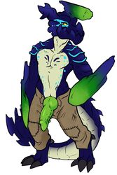 anthro beezlebumawoken blue_fur brachydios capcom clothed clothing dinosaur dragon fur green_penis knot male male_only monster_hunter partially_clothed penis pose reptile scalie simple_background slit solo topless video_games white_background