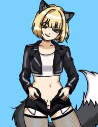 blonde_female blonde_hair commissioner_oc commissioner_upload fishnets futanari green_eyes grey_fur head_tilt jorts kemonomimi kitsune leather_jacket looking_at_viewer oc presenting_penis sillywolfsoup small_boobs small_penis smiling_at_viewer white_tipped_tail