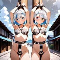 2girls ai_generated arms_above_head benmccannon_(artist) bound_to_pole chastity_belt chastity_bra chastity_device courtyard exhibition heterochromia metal_collar metal_cuffs metal_restraints outside pole_bound short_hair twins white_hair