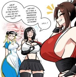 1boy 3girls arm_up artist_self-insert bare_shoulders big_breasts black_hair black_skirt black_sleeves black_thighhighs blue_dress blue_pants blush breasts brown_hair cameo capcom china_dress chinese_clothes chun-li cleavage cleavage_cutout closed_eyes clothing_cutout commentary cowboy_shot crop_top detached_sleeves double_bun dress english_commentary english_text fatal_fury final_fantasy final_fantasy_vii final_fantasy_vii_remake fingerless_gloves flying_sweatdrops from_side gloves gold_trim grin hair_bun hair_ribbon hand_on_another's_shoulder hand_on_own_face hand_on_own_hip hand_up hands_on_own_chest hands_up high_ponytail highres huge_breasts japanese_clothes king_of_fighters large_breasts long_hair mai_shiranui midriff motoyui multiple_girls navel nervous ninja notice_lines open_mouth pants pelvic_curtain ponytail red_eyes ribbon sawplanik shiny_clothes shiranui_mai short_hair short_sleeves sideboob sidelocks simple_background single_arm_guard skirt smile snk speech_bubble square_enix standing street_fighter street_fighter_6 suspender_skirt suspenders sweat swept_bangs tank_top the_king_of_fighters thick_thighs thighhighs thighs tifa_lockhart tight_clothes tight_pants trembling upper_body white_background white_dress white_tank_top wrist_guards zettai_ryouiki