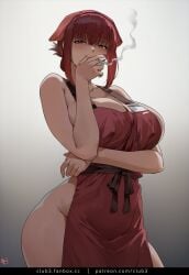 apron apron_only club3 female female_only huge_breasts looking_down smoking smoking_cigarette super_no_ura_de_yani_suu_futari tayama_(super_no_ura_de_yani_suu_futari) voluptuous voluptuous_female wide_hips