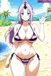 1girl ai_assisted ai_generated areola_slip ass_visible_through_thighs beach bikini blue_sky blush breasts cameltoe cleavage cloud collarbone covered_nipples day female_pubic_hair hand_up horns large_breasts long_hair looking_at_viewer navel ocean oni oni_horns outdoors palm_tree patreon ponytail pubic_hair pubic_hair_peek purple_bikini purple_eyes purple_hair sand shion_(tensei_shitara_slime_datta_ken) side-tie_bikini_bottom single_horn sky smile solo stelmazura swimsuit tensei_shitara_slime_datta_ken that_time_i_got_reincarnated_as_a_slime tree waving