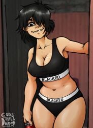 1girls ai_assisted ai_generated asian asian_female biting_lip black_hair blacked blacked_clothing breasts cleavage coolranchdummy cowboy_shot crop_top doorframe edit facing_viewer female female_focus female_only gorillaz grok hair_over_one_eye human large_breasts legs_together looking_at_viewer medium_breasts navel noodle_(gorillaz) pale_skin panties pussy solo sports_bra standing thick_thighs uncensored