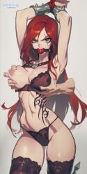 arms_up bound_wrists gag gagged katarina_(league_of_legends) katarina_du_couteau lingerie lingerie_only