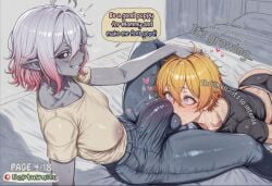 1boy 1futa 1girl 1girls ai_assisted ai_generated big_bulge briar_(league_of_legends) bulge bulge_under_clothes comic comic_page futa_with_male futanari huge_balls huge_cock league_of_legends neptuwaifu penis_on_face smell smelly_cock smile surprised teasing text