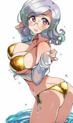 1girl ass bikini breasts cleavage collared_shirt commentary_request dress_shirt flipped_hair glasses gold_bikini grey_hair large_breasts medium_hair original red_eyes shirt side-tie_bikini_bottom simple_background solo standing swimsuit tied_shirt wading water wet wet_clothes white_background white_shirt
