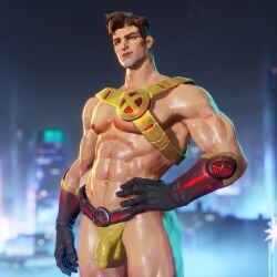 1boy 3d 3d_(artwork) abs bara barazoku belt biceps brown_eyes brown_hair bulge bulge_under_clothes cyclops_(marvel_rivals) cyclops_(x-men) gloves harness haviksluz male male_only marvel marvel_rivals mod pecs scott_summers solo solo_focus solo_male speedo x-men