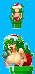 1girls 2018 big_breasts blue_background breasts cleavage clothing female female_only green_eyes green_hair long_hair long_tongue looking_at_viewer mario_(series) messy_hair minus8 nintendo nipples open_mouth pipes piranha_plant piranha_plant_girl seductive simple_background smile solo standing tongue tongue_out very_long_hair warp_pipe