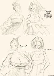 2girls android_18 big_breasts chichi cleavage cleavage_cutout dragon_ball dragon_ball_z earrings female huge_breasts kimono shy
