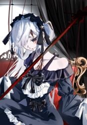 1girl absurdres bare_shoulders black_ribbon blood blood_from_eyes blood_from_mouth blue_dress blue_hairband bow commentary_request crescent crescent_necklace decapitation dress dress_bow dying execution frilled_dress frilled_hairband frilled_sleeves frills gothic_lolita guro hair_over_one_eye hair_ribbon hairband highres jewelry lolita_fashion lolita_hairband long_hair long_sleeves mahou_shoujo_no_majo_saiban natsume_an-an necklace off-shoulder_dress off_shoulder polka_dot polka_dot_bow puppet_strings purple_eyes ribbon ryona sleeve_bow sleeves_past_fingers sleeves_past_wrists solo sugararu sword upper_body weapon white_hair wide_sleeves