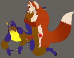 anthro balls canine cum cum_inside duo erection fox fur furry furry_only hair male mammal no_humans open_mouth penetration penis saberhorn_(artist) sex simple_background smile tongue wolf yaoi