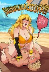 1boy 1girl ahegao ahoge ai_generated asphyxiation assertive_female beach beach_towel beach_umbrella bikini bikini_bottom_aside blonde_hair blush breasts cleavage clothed_female_nude_male clothed_sex clothing clothing_aside cowgirl_position cum cum_in_pussy cum_overflow day ejaculation english_text female femdom fertilization fucked_silly girl_on_top happy_sex heart-shaped_pupils hetero impregnation large_breasts long_hair male mechanical_arms muscular nakadashi nude ocean on_top open_mouth orange_bikini orgasm outdoors ovum parasol penis prosthesis prosthetic_arm purple_eyes rolling_eyes rough_sex rwby sand semen sex single_mechanical_arm sky smile sperm_cell straddling strangling sun_wukong_(rwby) swimsuit swimsuit_aside symbol-shaped_pupils teeth thighs tongue tongue_out towel umbrella vaginal water yang_xiao_long yellow_bikini