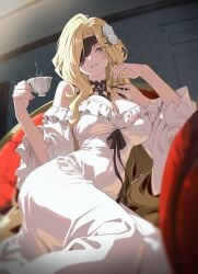1girl 1girls absurd_res blonde_hair blue_eyes cleavage cup dress female genshin_impact highres holding holding_object hoyoverse long_hair long_sleeves looking_at_viewer nvl parted_lips signora_(genshin_impact) sitting smile solo solo_female solo_focus white_dress wide_sleeves