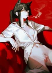 areola_slip arknights collarbone couch iumu looking_at_viewer lying navel on_couch pubic_hair pussy red_background simple_background sitting smoking sparse_pubic_hair texas_(arknights) unbuttoned_shirt white_shirt
